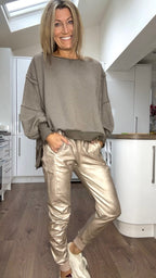 Women's Round Neck Casual Top + Leather Pants Set