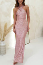 Sequin Cross Halter Neck Mermaid Flare Maxi Gown