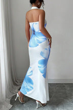 Halter Neck Wide Strap Large Floral Print Bodycon Maxi Dress