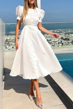 Puff Sleeve Pearl Button Front Satin Side Slit Midi Dress