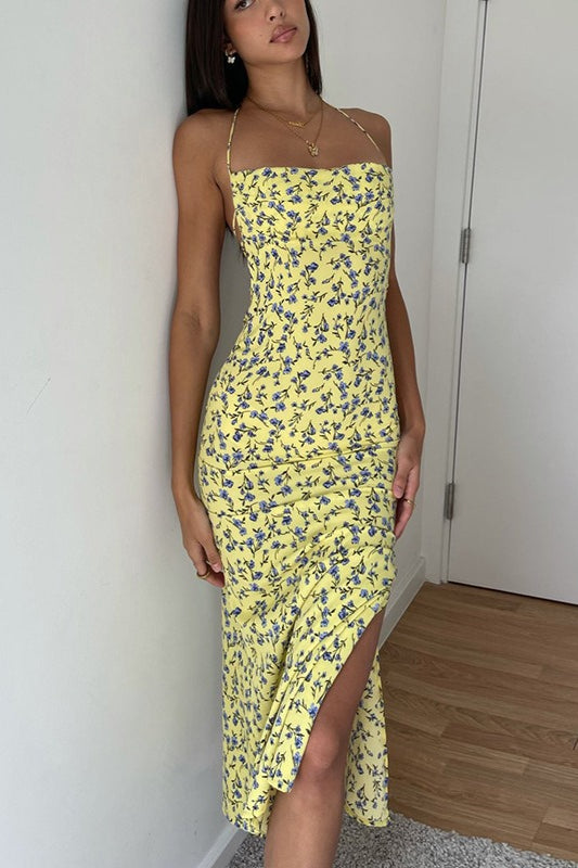 Yellow Halter Neck Backless Ditsy Floral Print High Slit Midi Dress