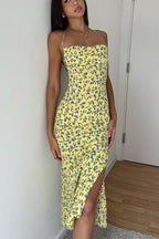 Yellow Halter Neck Backless Ditsy Floral Print High Slit Midi Dress