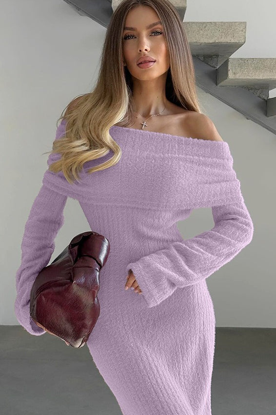Off-Shoulder Rib Knit Foldover Neck Long Sleeve Bodycon Maxi Dress