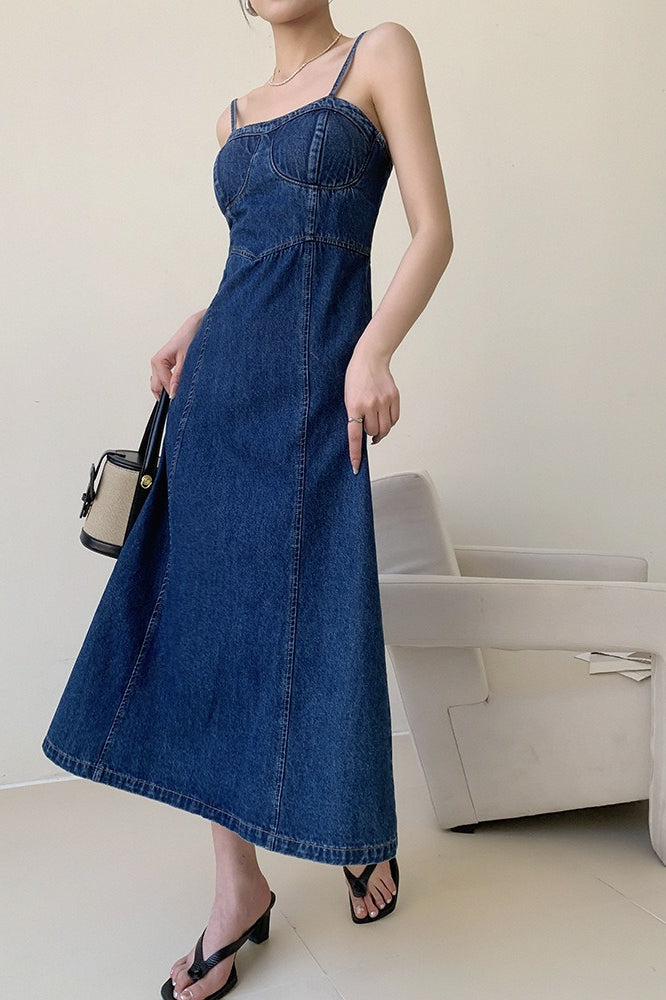 Denim Bustier Spaghetti Strap Panel Seam A-Line Midi Dress