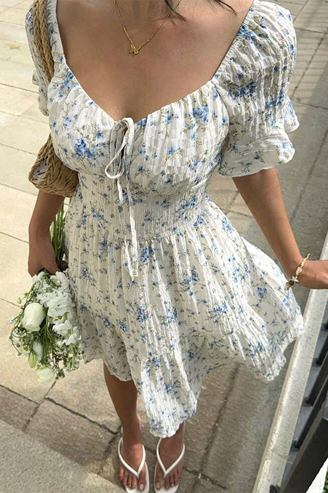 Floral Puff Sleeve Smocked Waist Sweetheart Tie Summer Mini Dress