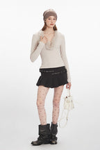 Faux Fur Trim V-Neck Knit Top