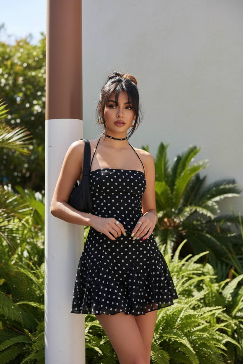 Polka Dot Spaghetti Strap Halter Neck Ruffle Hem Fit and Flare Mini Dress