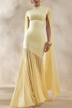 Elegant High-Neck Cape Detail Maxi Dress