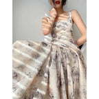 Square Neck Wide Strap Print Pleated Bodice A Line Midi Dress