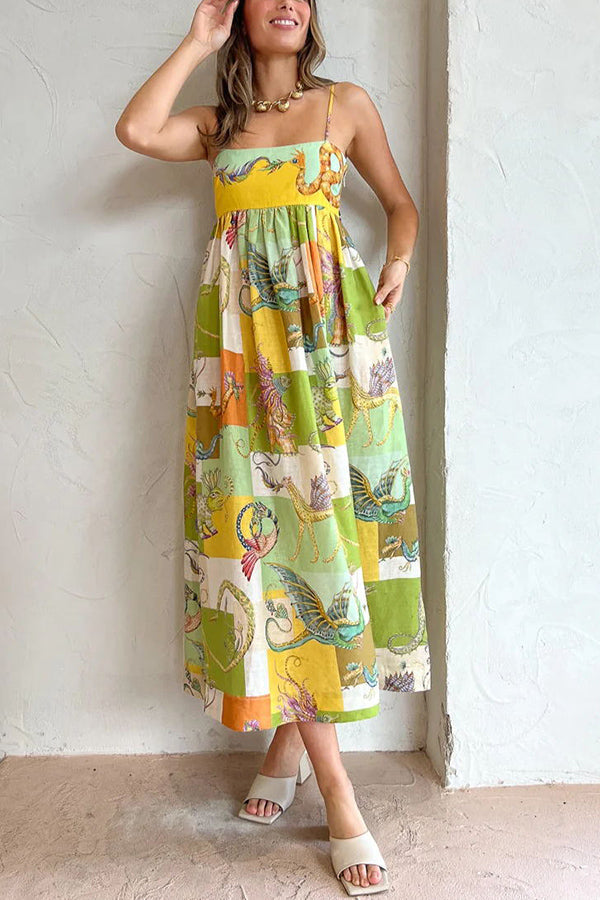 Dragon Print Patchwork Grid Empire Waist Pocketed Maxi Dress