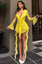 Lace Deep V-Neck Ruffle Trim Tie Front Bell Sleeve Streamer Romper