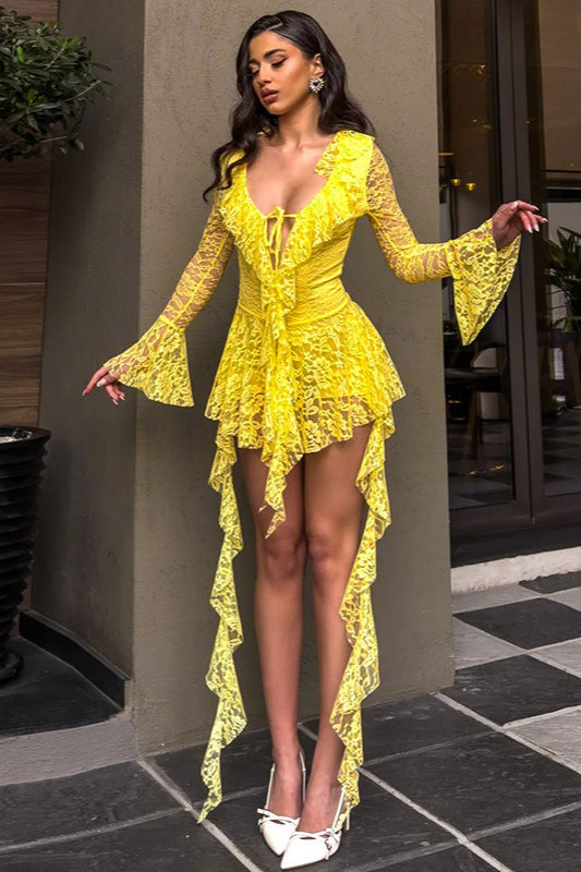 Lace Deep V-Neck Ruffle Trim Tie Front Bell Sleeve Streamer Romper