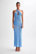 Crochet Halter Neck Keyhole 3D Floral Applique Bodycon Maxi Dress