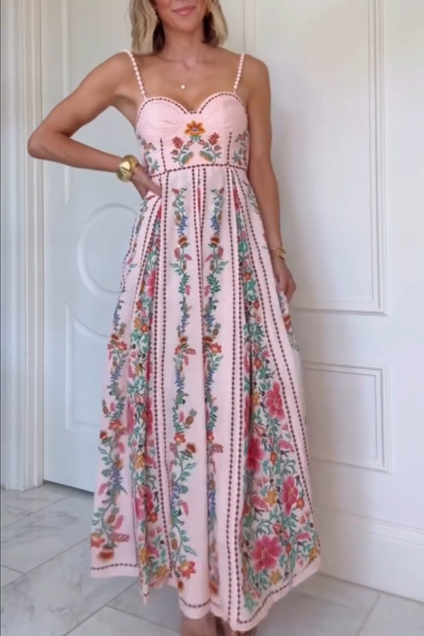 Linen Blend Delicate Forest Unique Print Sweetheart Neck Beaded Straps Maxi Dress