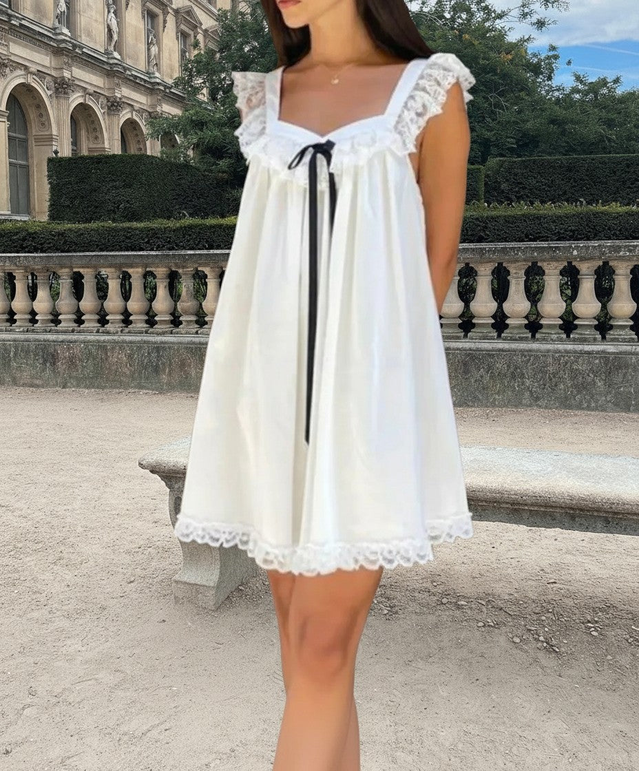 Lace Trim Square Neck Ribbon Bow Babydoll Mini Dress