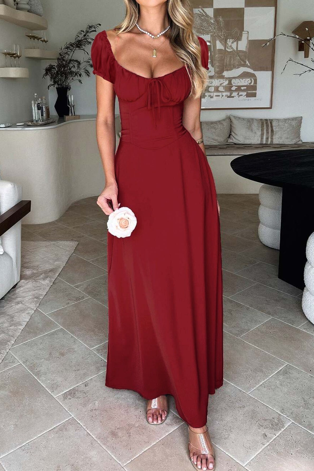 Off Shoulder Puff Sleeve Tie Front Corset Bodice A Line Midi Dress