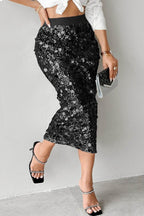 Solid Sequin High Waist Midi Skirt