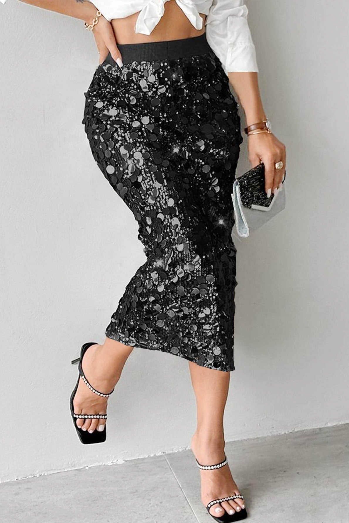 Solid Sequin High Waist Midi Skirt