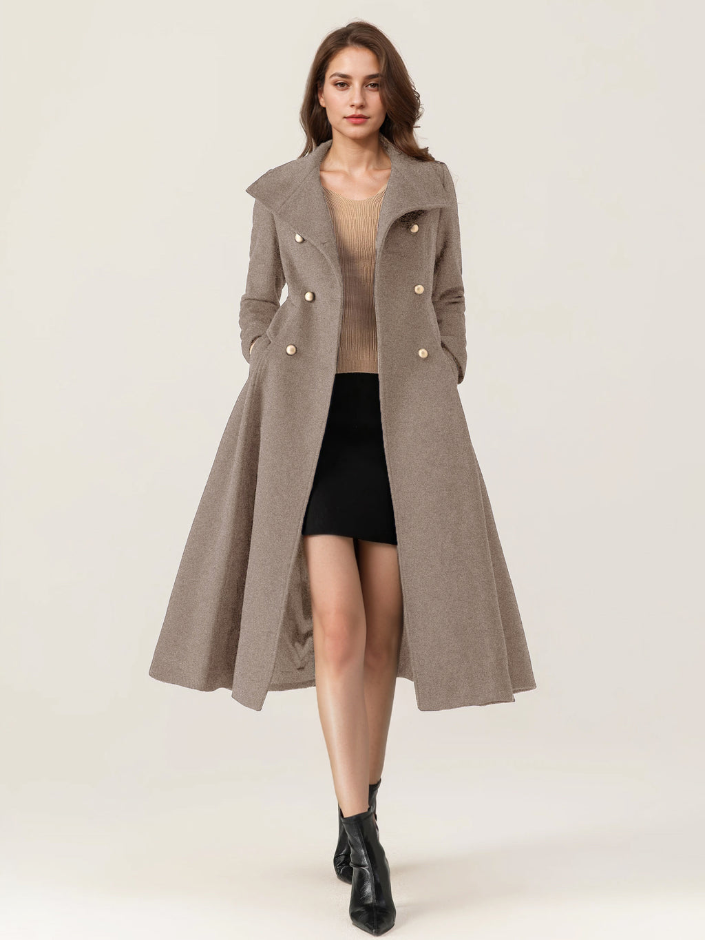Woolen Flared Coat For Woman Stand Collar Dark Navy Vintage Double-breasted Winter Midi Outerwear 2026