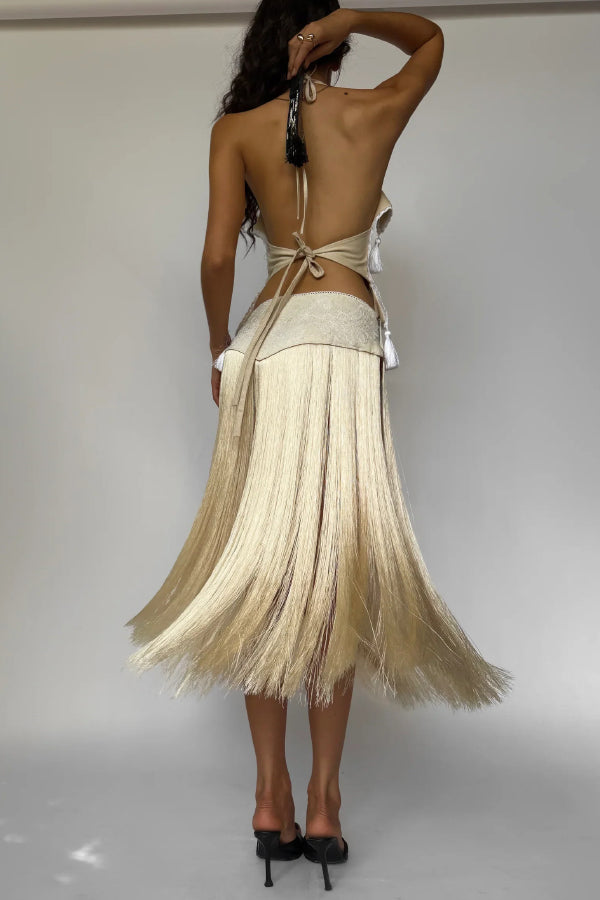 Stylish Halter Neck Lace Up Tassel Pendant Backless Top