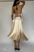 Stylish Halter Neck Lace Up Tassel Pendant Backless Top