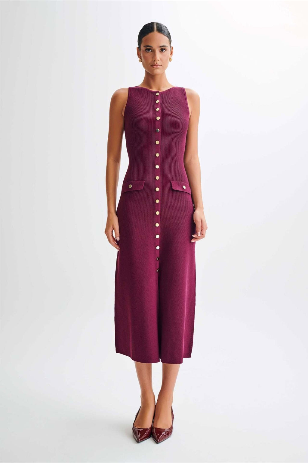 Ribbed Knit Sleeveless Button Down Crewneck Flap Pocket Bodycon Midi Sweater Dress