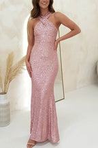 Sequin Cross Halter Neck Mermaid Flare Maxi Gown