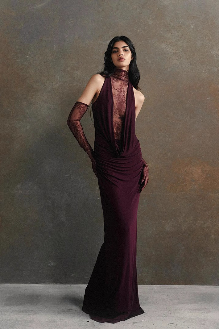 High Neck Lace Illusion Panel Halter Draped Maxi Formal Gown