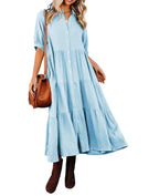 Gauze Button Front Collar Half Sleeve Tiered Pocket Midi Dress