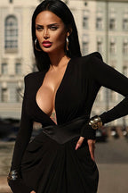 Sexy Deep V Padded Shoulder Long Sleeve High Slit Long Formal Dress