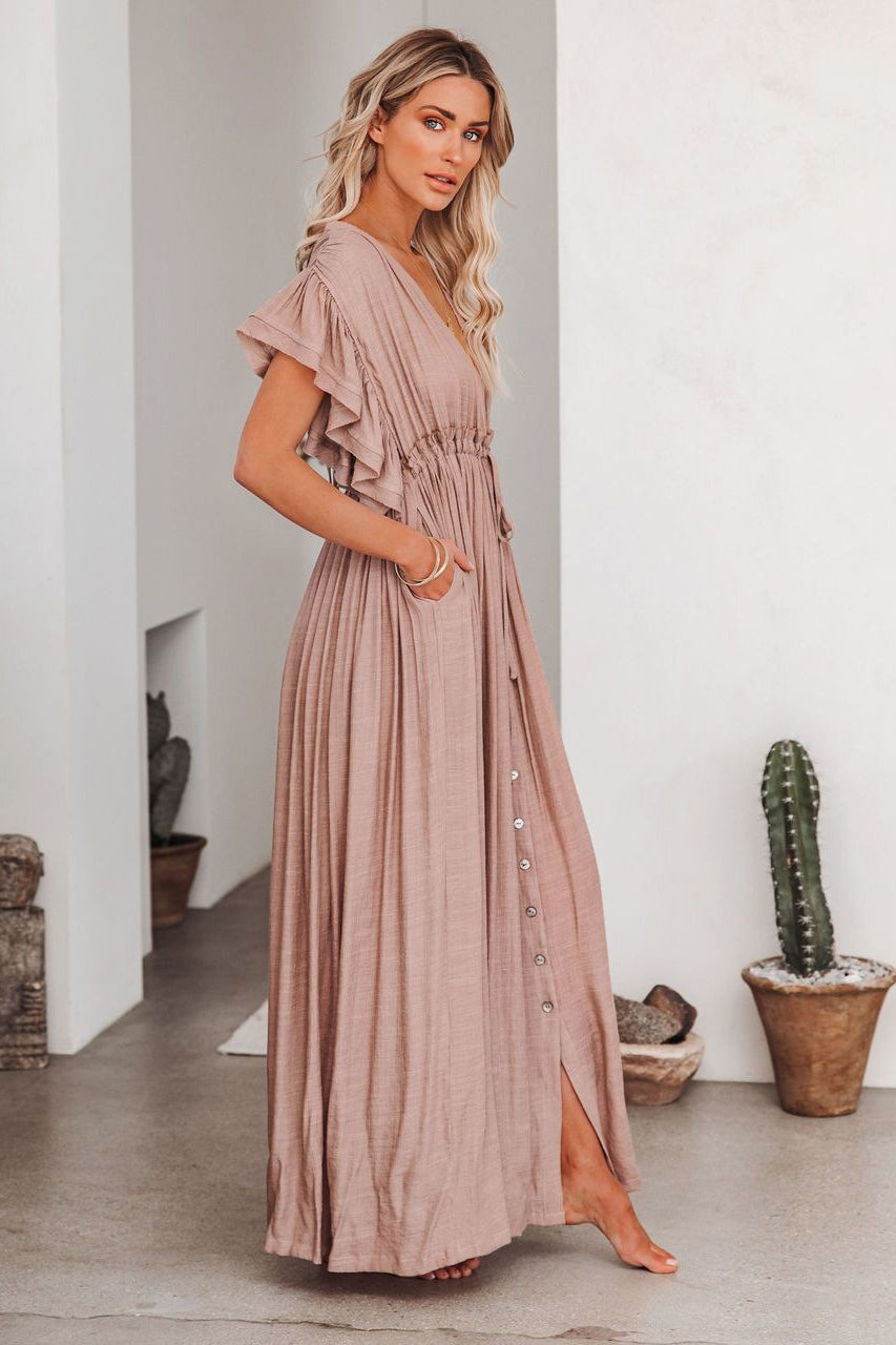 Deep V Neck Ruffle Sleeve Drawstring Waist Button Front Pocket Maxi Dress