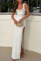 Beach Date Hand-Beaded Shell Trim Side High Slit Stretch Maxi Dress