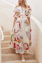 Abstract Watercolor Floral Puff Sleeve Button Maxi Dress