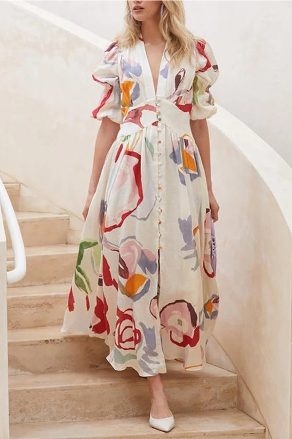 Abstract Watercolor Floral Puff Sleeve Button Maxi Dress