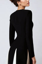 Long Sleeve Crew Neck Paneled Pleated Godet A-Line Maxi Dress
