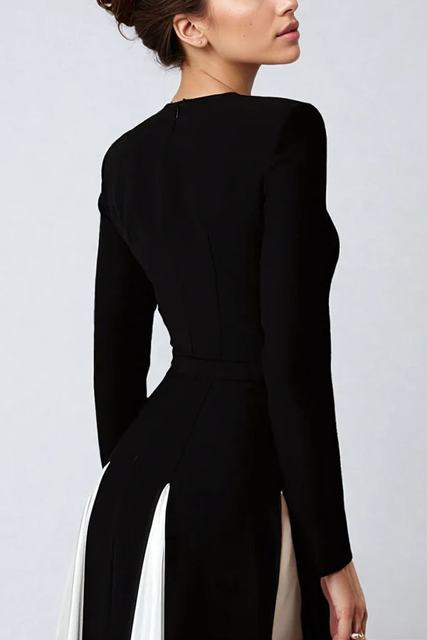 Long Sleeve Crew Neck Paneled Pleated Godet A-Line Maxi Dress