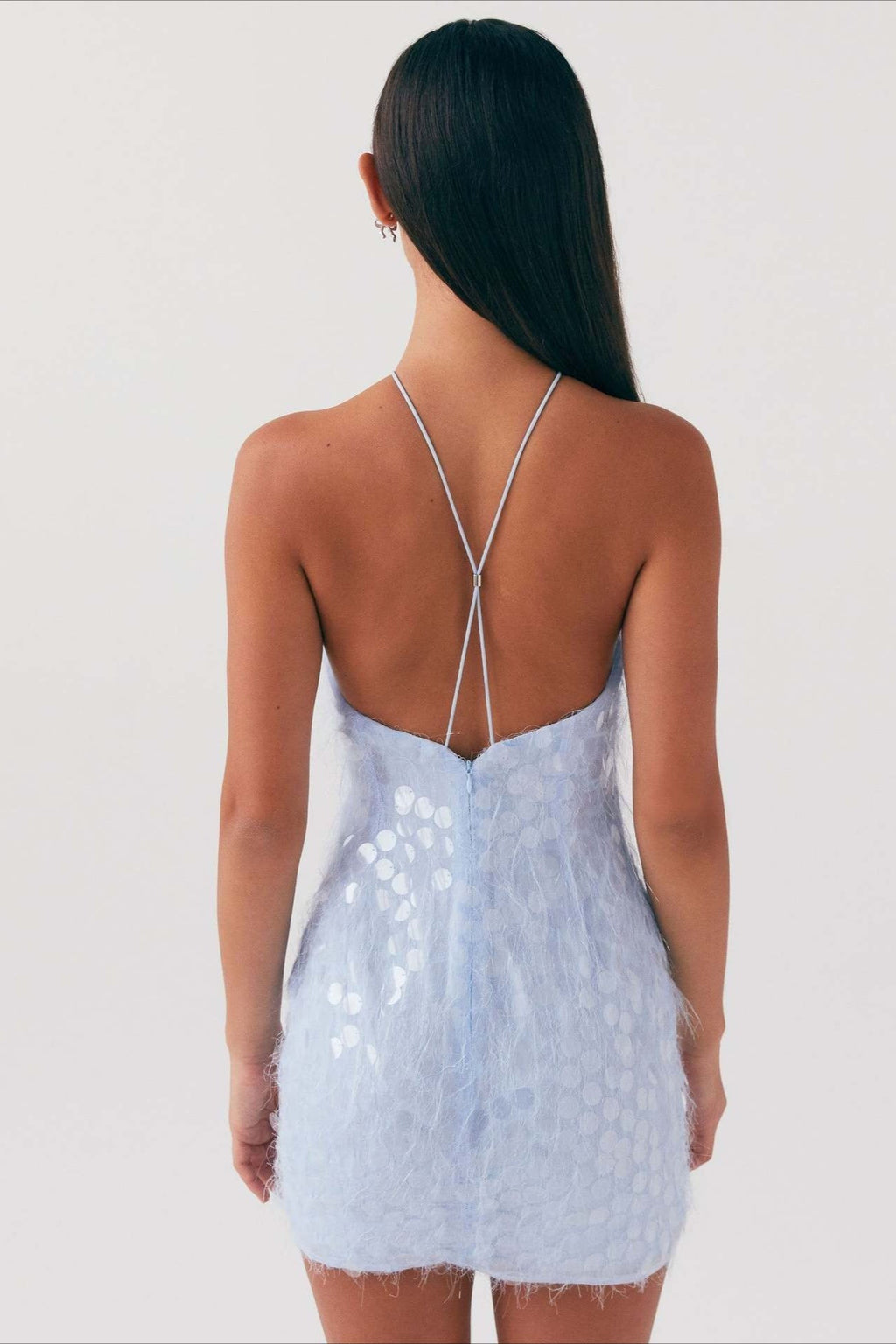 Blue Backless Halter Sequin Lace-up Dress