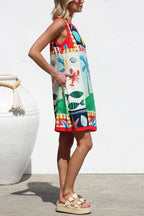 Summer-themed Printed Round Neck Sleeveless Pocket Loose Mini Dress