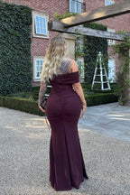 Off Shoulder Plunging V Ring Detail Ruched Front Drape Maxi Dress
