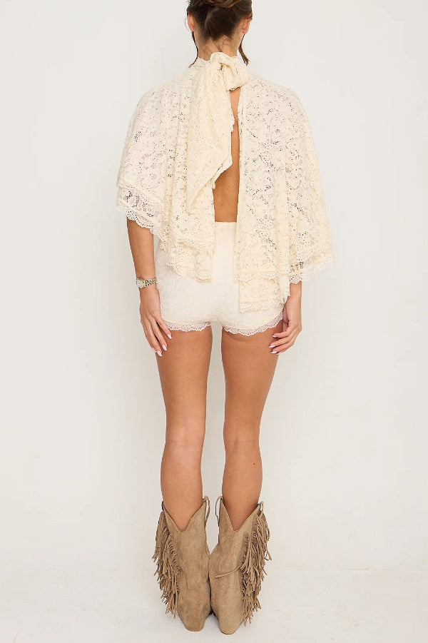 Stylish Openwork Lace Loose Top and Side Zipper Slim-fit Shorts Set