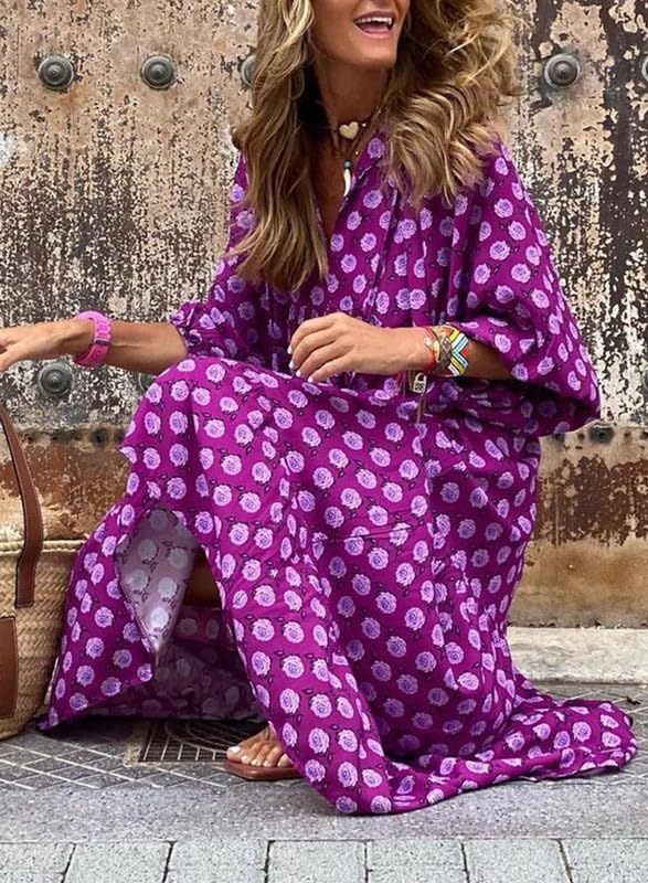 Puff Sleeve Tiered Geometric Print Boho Maxi Dress