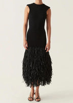High Neck Sleeveless Fringe Hem Bodycon Midi Dress