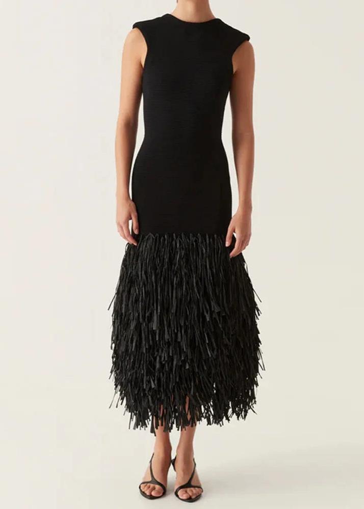 High Neck Sleeveless Fringe Hem Bodycon Midi Dress