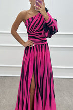 Geometric Stripe Print One Shoulder Lantern Sleeve Pleated High Split Maxi Gown