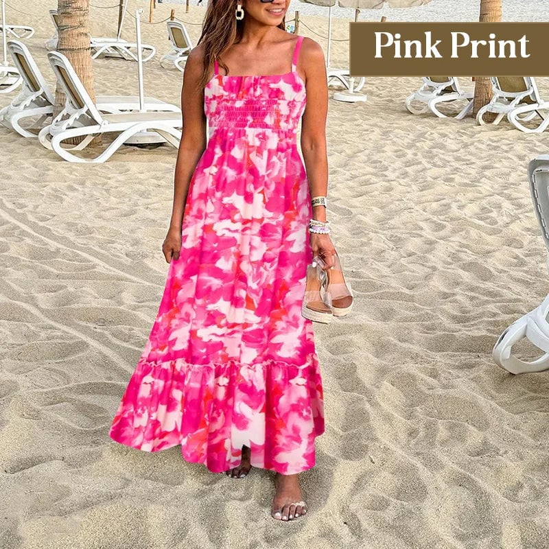 Floral Print Smocked Bodice Spaghetti Strap Tiered Maxi Dress