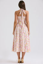 pink meadow print cotton halter midi sundress