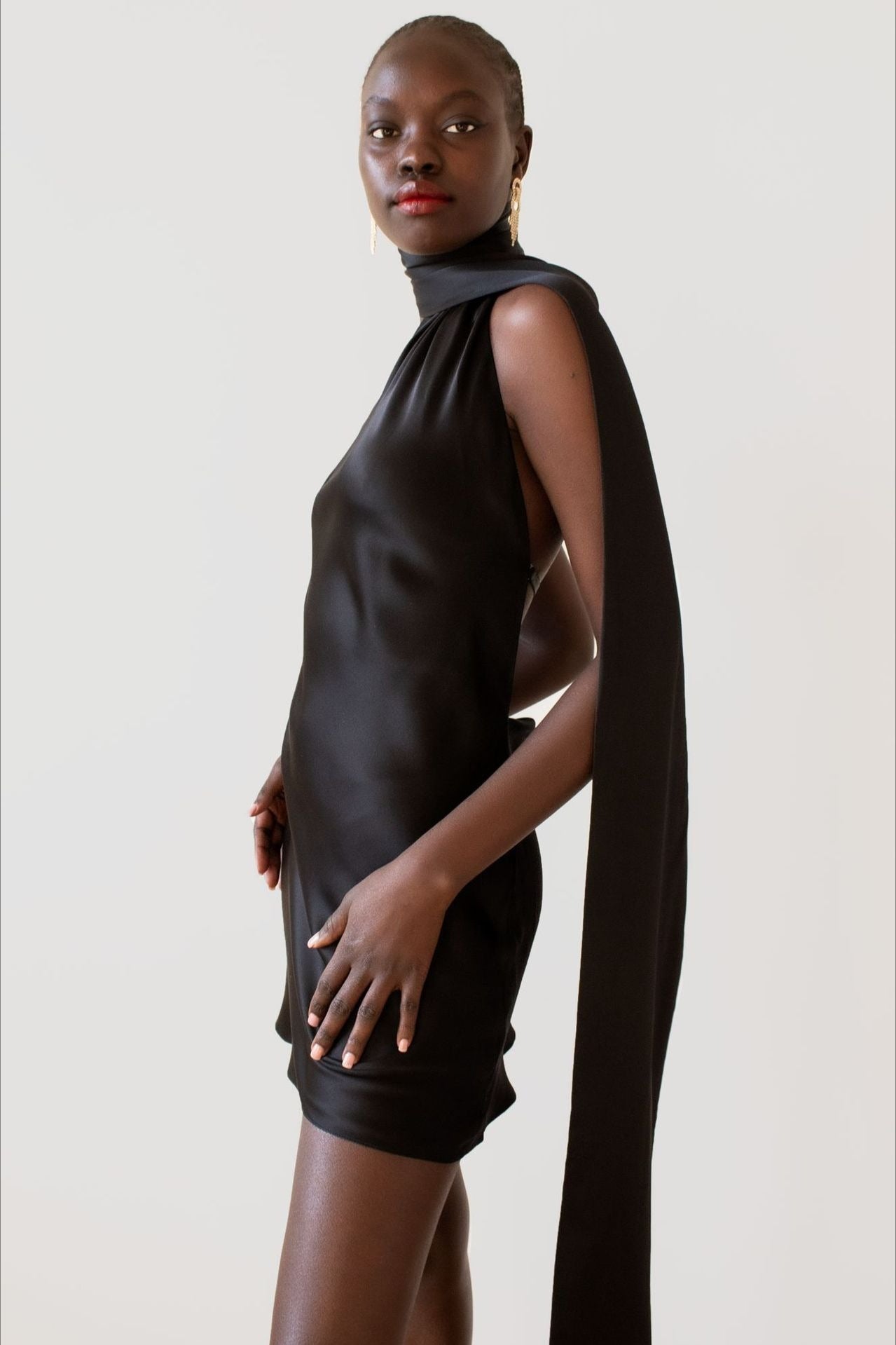 Halter Neck Sash Scarf Draped Satin Backless Mini Dress