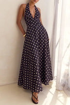 Floral Print V-neck Backless Tie-up Fitted Waist Elegant Maxi Dress