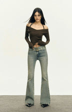 Ribbed Off-Shoulder Brown Knit Top