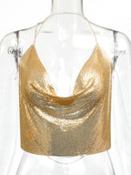Sexy Straps Halter Metal Tops Sequin Clubwear Tops Sliver Sleeveless Spaghetti Straps Cami Draped Crop For Women